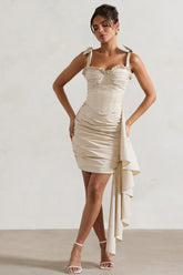 Ivory Ruched Mini Skirt With Drape